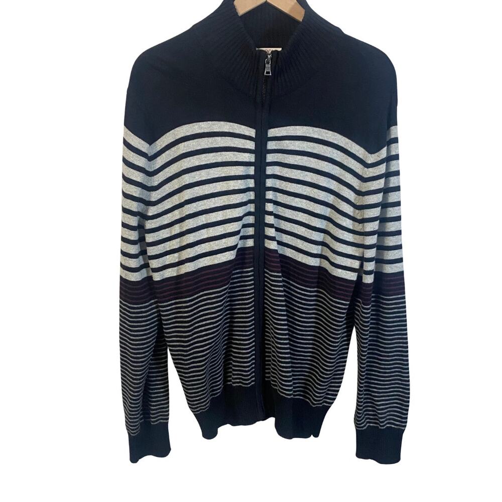 Merona NWT Navy Grey Striped Cardigan Mock Neck Full Zip Preppy Normcore Sz L
